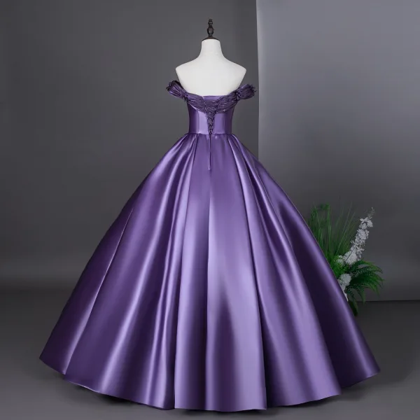 Vintage / Retro Purple Floor-Length / Long Prom Dresses 2026 Ball Gown Strapless Sleeveless Backless Formal Dresses