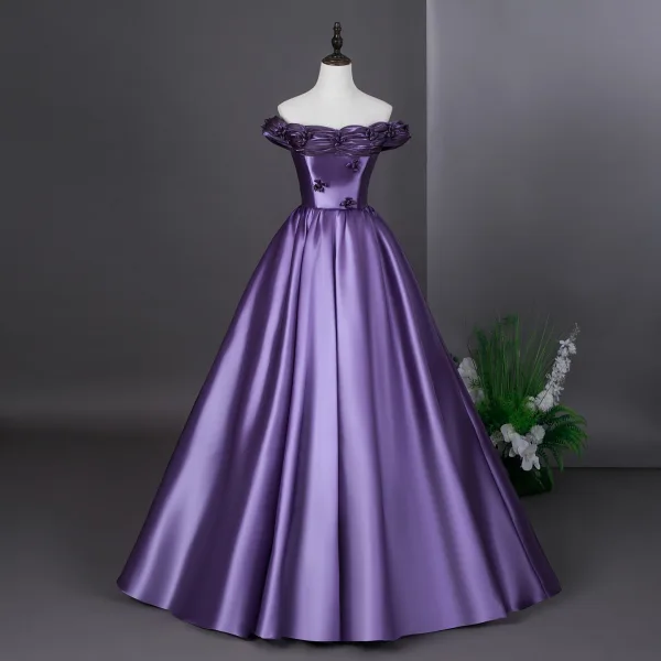 Vintage / Retro Purple Floor-Length / Long Prom Dresses 2026 Ball Gown Strapless Sleeveless Backless Formal Dresses