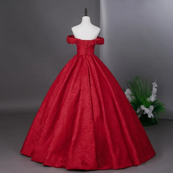 Vintage / Retro Red Prom Dresses 2026 Ball Gown Off-The-Shoulder Short Sleeve Backless Floor-Length / Long Formal Dresses