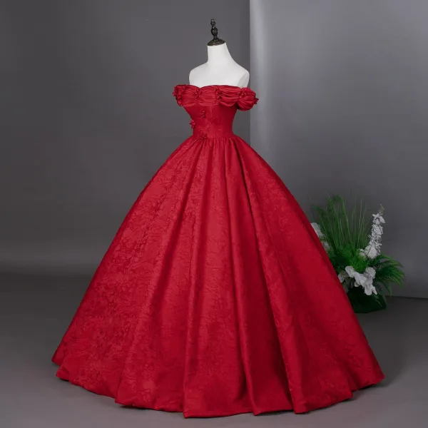 Vintage / Retro Red Prom Dresses 2026 Ball Gown Off-The-Shoulder Short Sleeve Backless Floor-Length / Long Formal Dresses