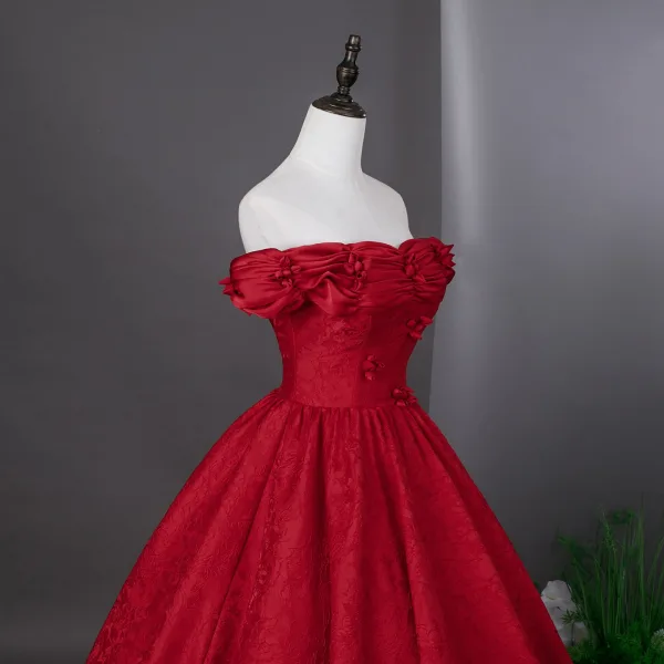 Vintage / Retro Red Prom Dresses 2026 Ball Gown Off-The-Shoulder Short Sleeve Backless Floor-Length / Long Formal Dresses