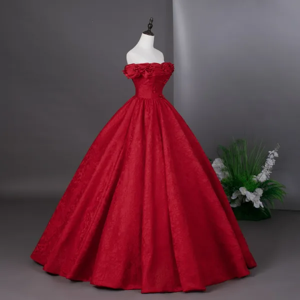 Vintage / Retro Red Prom Dresses 2026 Ball Gown Off-The-Shoulder Short Sleeve Backless Floor-Length / Long Formal Dresses