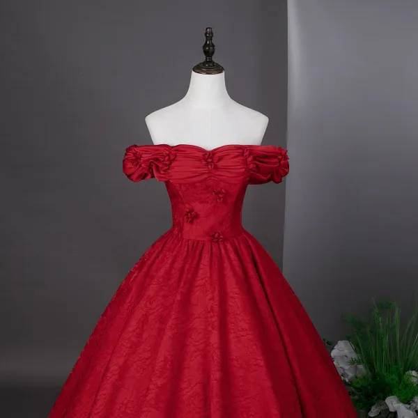 Vintage / Retro Red Prom Dresses 2026 Ball Gown Off-The-Shoulder Short Sleeve Backless Floor-Length / Long Formal Dresses