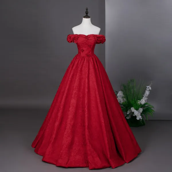 Vintage / Retro Red Prom Dresses 2026 Ball Gown Off-The-Shoulder Short Sleeve Backless Floor-Length / Long Formal Dresses