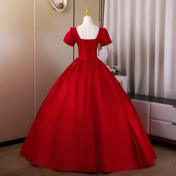 Vintage / Retro Burgundy Prom Dresses 2026 Ball Gown Square Neckline Puffy Short Sleeve Backless Floor-Length / Long Formal Dresses