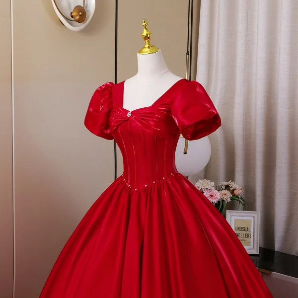Vintage / Retro Burgundy Prom Dresses 2026 Ball Gown Square Neckline Puffy Short Sleeve Backless Floor-Length / Long Formal Dresses