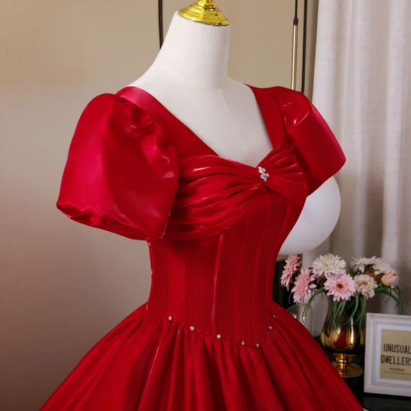 Vintage / Retro Burgundy Prom Dresses 2026 Ball Gown Square Neckline Puffy Short Sleeve Backless Floor-Length / Long Formal Dresses