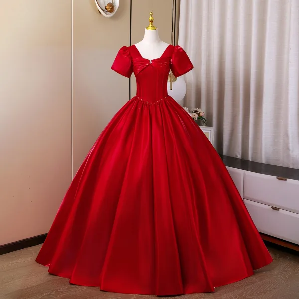 Vintage / Retro Burgundy Prom Dresses 2026 Ball Gown Square Neckline Puffy Short Sleeve Backless Floor-Length / Long Formal Dresses Vintage / Retro Burgundy Prom Dresses 2026 Ball Gown Square Neckline Puffy Short Sleeve Backless Floor-Length / Long Formal Dresses