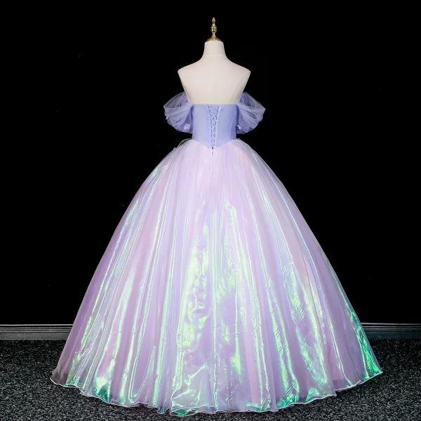 Fashion Lavender Lace Flower Appliques Prom Dresses 2026 Ball Gown Off-The-Shoulder Short Sleeve Backless Floor-Length / Long Formal Dresses