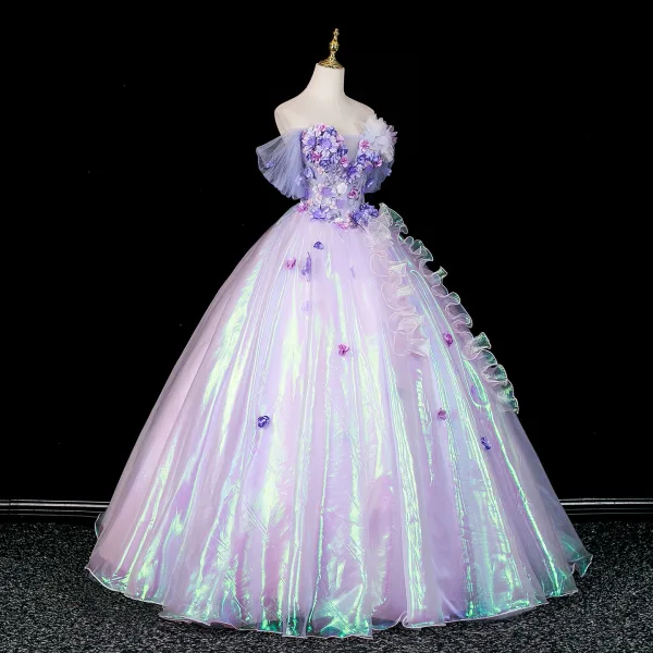 Fashion Lavender Lace Flower Appliques Prom Dresses 2026 Ball Gown Off-The-Shoulder Short Sleeve Backless Floor-Length / Long Formal Dresses
