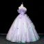 Fashion Lavender Lace Flower Appliques Prom Dresses 2026 Ball Gown Off-The-Shoulder Short Sleeve Backless Floor-Length / Long Formal Dresses