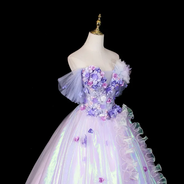 Fashion Lavender Lace Flower Appliques Prom Dresses 2026 Ball Gown Off-The-Shoulder Short Sleeve Backless Floor-Length / Long Formal Dresses