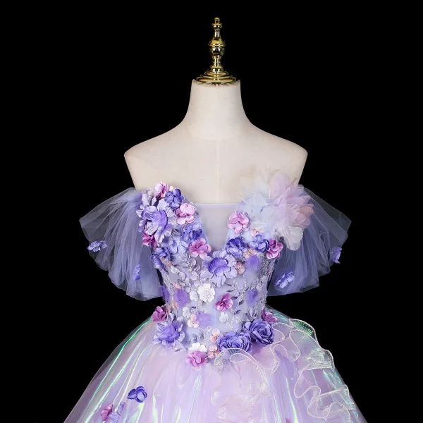 Fashion Lavender Lace Flower Appliques Prom Dresses 2026 Ball Gown Off-The-Shoulder Short Sleeve Backless Floor-Length / Long Formal Dresses
