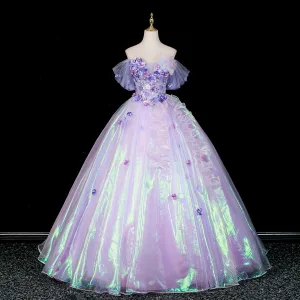 Mode Lavande En Dentelle Fleur Appliques Robe De Bal 2026 Robe Boule De L Épaule Manches Courtes Dos Nu Longue Robe De Ceremonie