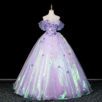 Fashion Lavender Lace Flower Appliques Prom Dresses 2026 Ball Gown Off The Shoulder Short Sleeve Backless Floor Length Long Formal Dresses