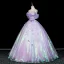 Fashion Lavender Lace Flower Appliques Prom Dresses 2026 Ball Gown Off-The-Shoulder Short Sleeve Backless Floor-Length / Long Formal Dresses