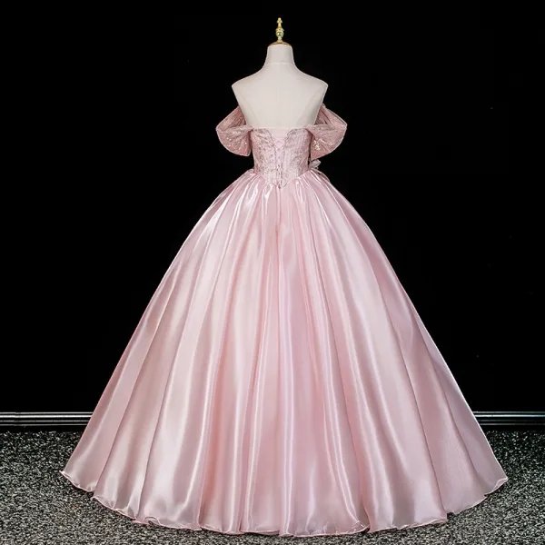 Lovely Blushing Pink Sequins Appliques Prom Dresses 2026 Ball Gown Off-The-Shoulder Short Sleeve Backless Floor-Length / Long Formal Dresses
