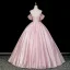 Lovely Blushing Pink Sequins Appliques Prom Dresses 2026 Ball Gown Off-The-Shoulder Short Sleeve Backless Floor-Length / Long Formal Dresses