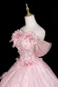 Lovely Blushing Pink Sequins Appliques Prom Dresses 2026 Ball Gown Off-The-Shoulder Short Sleeve Backless Floor-Length / Long Formal Dresses