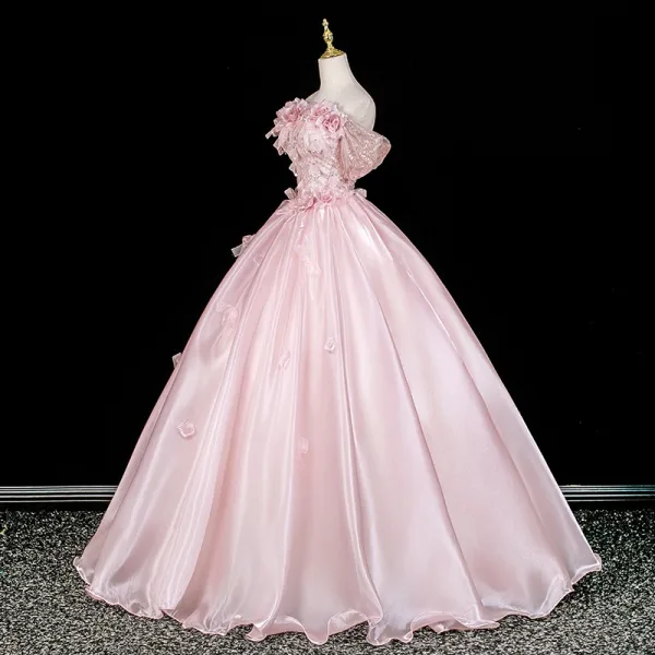 Lovely Blushing Pink Sequins Appliques Prom Dresses 2026 Ball Gown Off-The-Shoulder Short Sleeve Backless Floor-Length / Long Formal Dresses