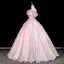 Lovely Blushing Pink Sequins Appliques Prom Dresses 2026 Ball Gown Off-The-Shoulder Short Sleeve Backless Floor-Length / Long Formal Dresses