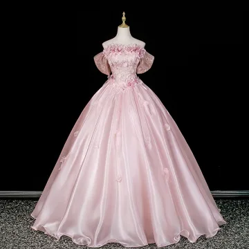 Charmant Rougissant Rose Paillettes Appliques Robe De Bal 2026 Robe Boule De L Épaule Manches Courtes Dos Nu Longue Robe De Ceremonie