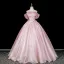 Lovely Blushing Pink Sequins Appliques Prom Dresses 2026 Ball Gown Off-The-Shoulder Short Sleeve Backless Floor-Length / Long Formal Dresses