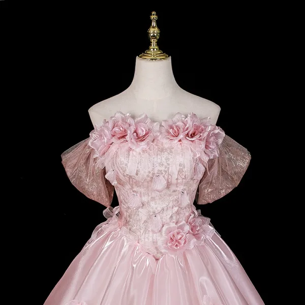 Lovely Blushing Pink Sequins Appliques Prom Dresses 2026 Ball Gown Off-The-Shoulder Short Sleeve Backless Floor-Length / Long Formal Dresses
