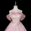 Lovely Blushing Pink Sequins Appliques Prom Dresses 2026 Ball Gown Off-The-Shoulder Short Sleeve Backless Floor-Length / Long Formal Dresses
