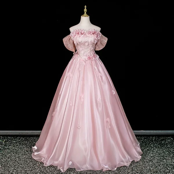Lovely Blushing Pink Sequins Appliques Prom Dresses 2026 Ball Gown Off-The-Shoulder Short Sleeve Backless Floor-Length / Long Formal Dresses