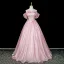 Lovely Blushing Pink Sequins Appliques Prom Dresses 2026 Ball Gown Off-The-Shoulder Short Sleeve Backless Floor-Length / Long Formal Dresses