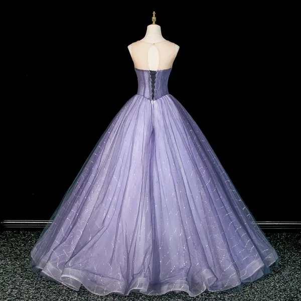 Chic / Belle Lavande Perlage En Dentelle Fleur Appliques Robe De Bal 2026 Robe Boule Encolure Dégagée Sans Manches Dos Nu Longue Robe De Ceremonie