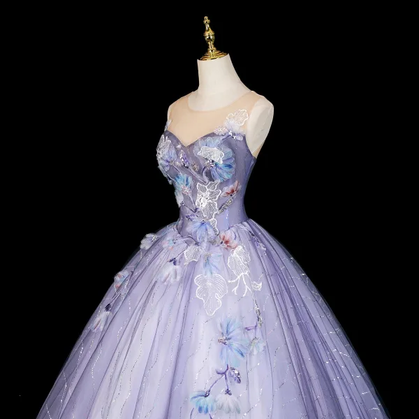Chic / Belle Lavande Perlage En Dentelle Fleur Appliques Robe De Bal 2026 Robe Boule Encolure Dégagée Sans Manches Dos Nu Longue Robe De Ceremonie