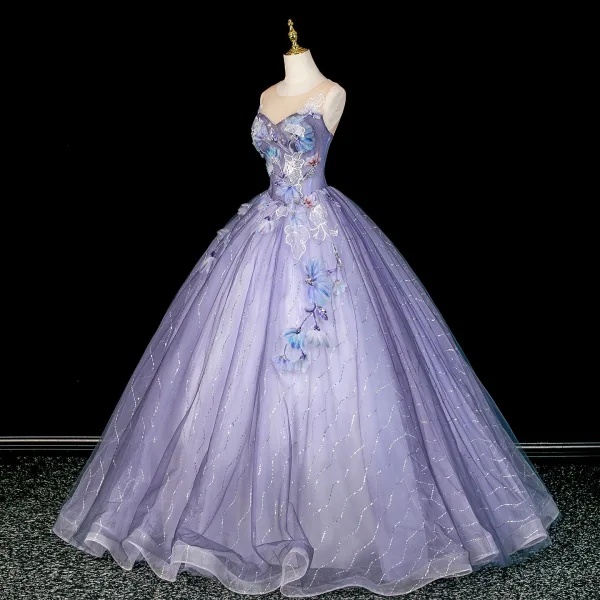 Chic / Belle Lavande Perlage En Dentelle Fleur Appliques Robe De Bal 2026 Robe Boule Encolure Dégagée Sans Manches Dos Nu Longue Robe De Ceremonie