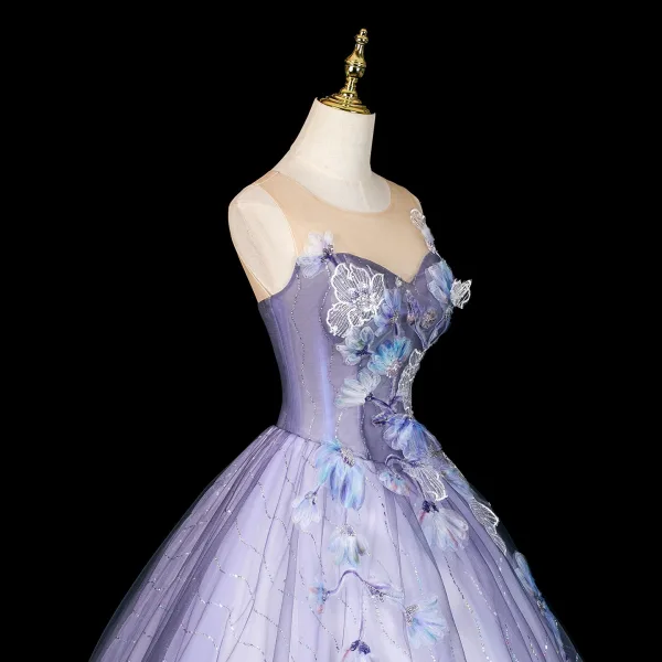 Chic / Belle Lavande Perlage En Dentelle Fleur Appliques Robe De Bal 2026 Robe Boule Encolure Dégagée Sans Manches Dos Nu Longue Robe De Ceremonie
