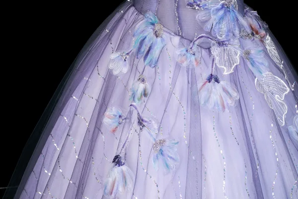Chic / Belle Lavande Perlage En Dentelle Fleur Appliques Robe De Bal 2026 Robe Boule Encolure Dégagée Sans Manches Dos Nu Longue Robe De Ceremonie