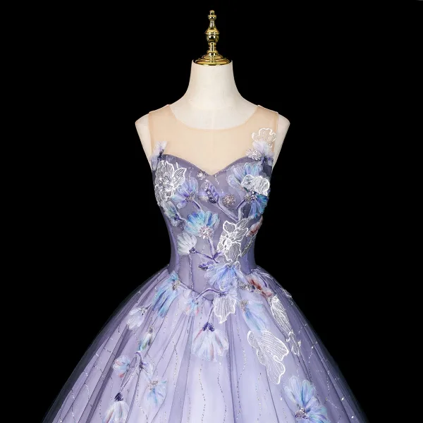 Chic / Belle Lavande Perlage En Dentelle Fleur Appliques Robe De Bal 2026 Robe Boule Encolure Dégagée Sans Manches Dos Nu Longue Robe De Ceremonie
