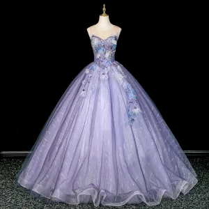 Chic Beautiful Lavender Beading Lace Flower Appliques Prom Dresses 2026 Ball Gown Scoop Neck Sleeveless Backless Floor Length Long Formal Dresses