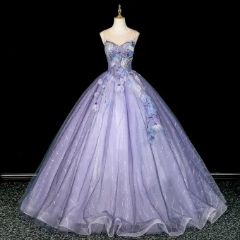 Schöne Lavendel Perlenstickerei Spitze Blumen Applikationen Ballkleider 2026 Ballkleid Rundhalsausschnitt Ärmellos Rückenfreies Lange Festliche Kleider
