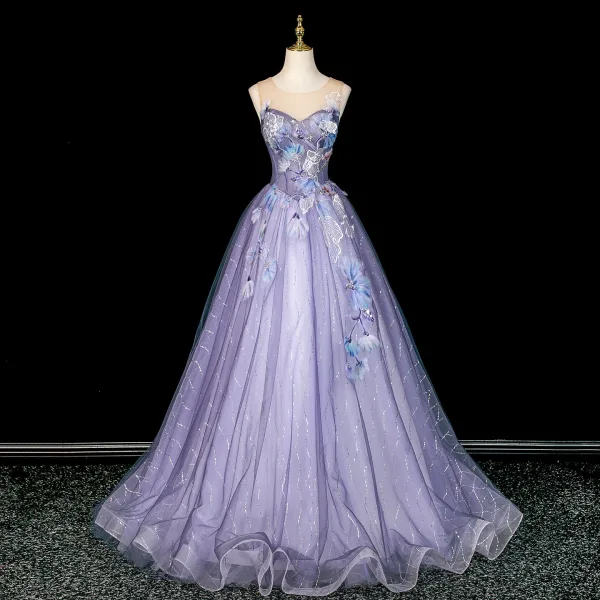 Chic / Belle Lavande Perlage En Dentelle Fleur Appliques Robe De Bal 2026 Robe Boule Encolure Dégagée Sans Manches Dos Nu Longue Robe De Ceremonie