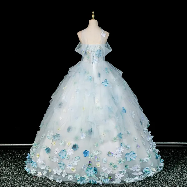 Blumenfee Himmelblau Applikationen Ballkleider 2026 Ballkleid Off Shoulder Kurze Ärmel Rückenfreies Lange Tülle Festliche Kleider