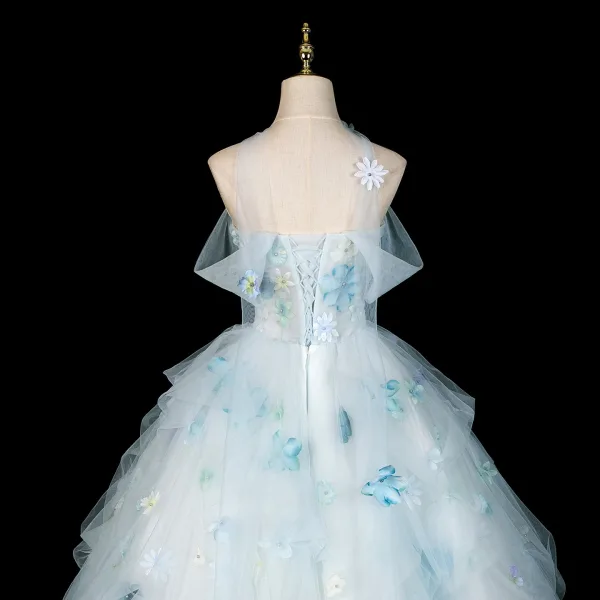 Blumenfee Himmelblau Applikationen Ballkleider 2026 Ballkleid Off Shoulder Kurze Ärmel Rückenfreies Lange Tülle Festliche Kleider