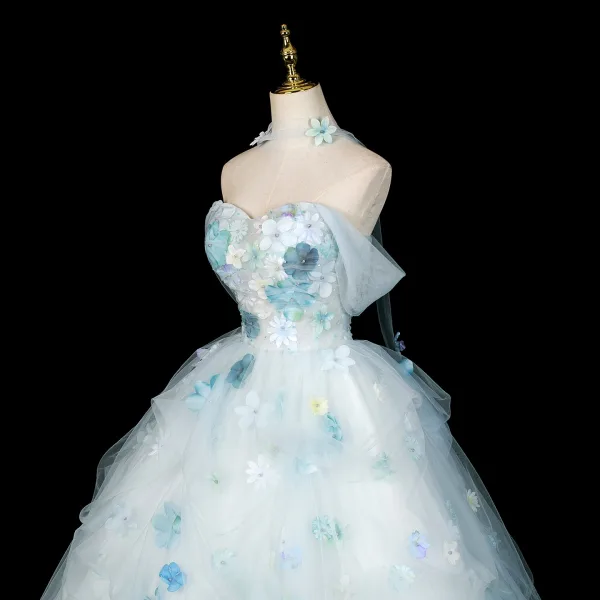 Blumenfee Himmelblau Applikationen Ballkleider 2026 Ballkleid Off Shoulder Kurze Ärmel Rückenfreies Lange Tülle Festliche Kleider