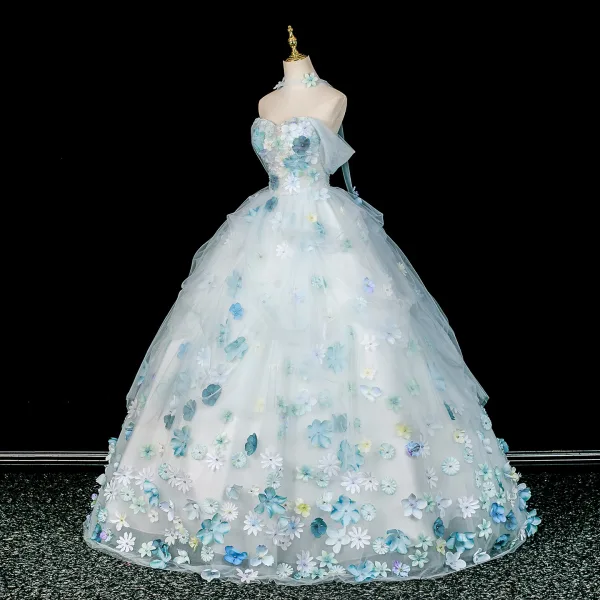 Blumenfee Himmelblau Applikationen Ballkleider 2026 Ballkleid Off Shoulder Kurze Ärmel Rückenfreies Lange Tülle Festliche Kleider