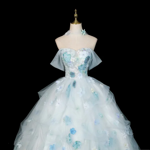 Blumenfee Himmelblau Applikationen Ballkleider 2026 Ballkleid Off Shoulder Kurze Ärmel Rückenfreies Lange Tülle Festliche Kleider