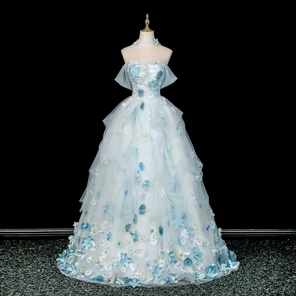 Blumenfee Himmelblau Applikationen Ballkleider 2026 Ballkleid Off Shoulder Kurze Ärmel Rückenfreies Lange Tülle Festliche Kleider