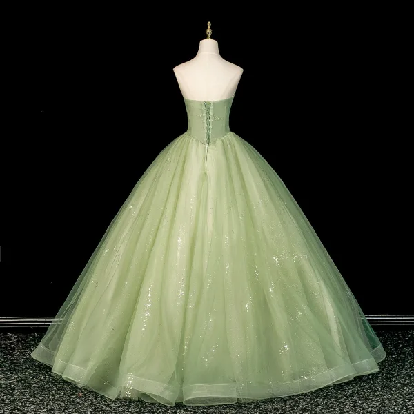 Élégant Vert Cendré Perlage En Dentelle Fleur Robe De Bal 2026 Robe Boule Bustier Sans Manches Dos Nu Longue Robe De Ceremonie
