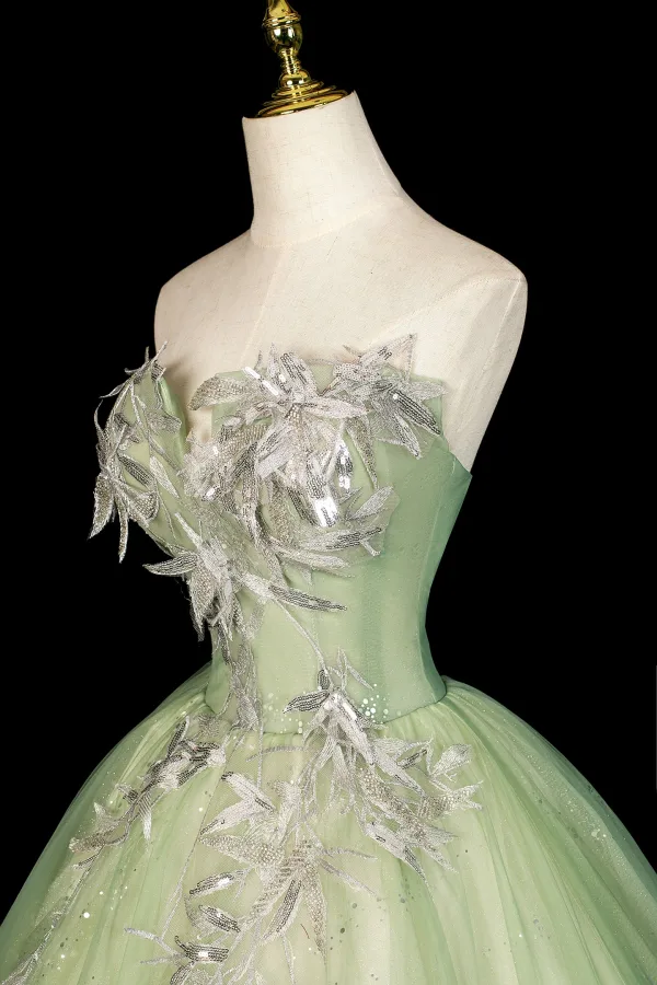 Élégant Vert Cendré Perlage En Dentelle Fleur Robe De Bal 2026 Robe Boule Bustier Sans Manches Dos Nu Longue Robe De Ceremonie
