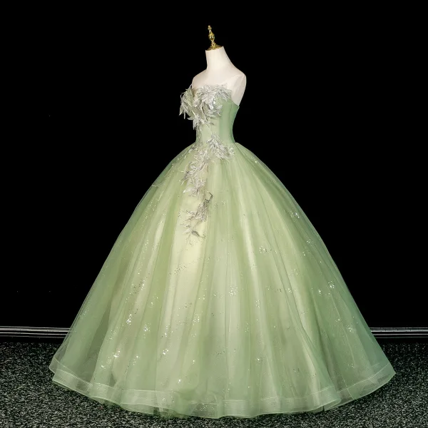 Élégant Vert Cendré Perlage En Dentelle Fleur Robe De Bal 2026 Robe Boule Bustier Sans Manches Dos Nu Longue Robe De Ceremonie