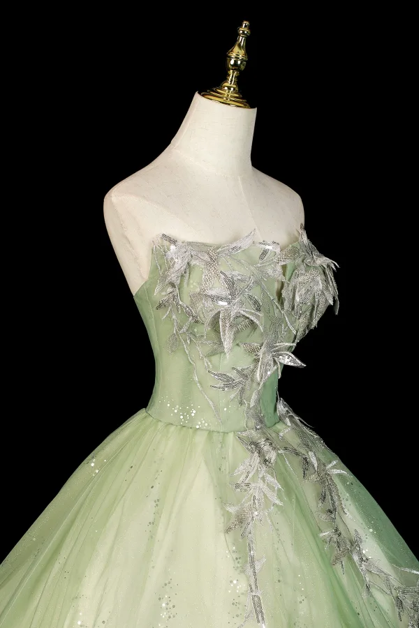 Élégant Vert Cendré Perlage En Dentelle Fleur Robe De Bal 2026 Robe Boule Bustier Sans Manches Dos Nu Longue Robe De Ceremonie